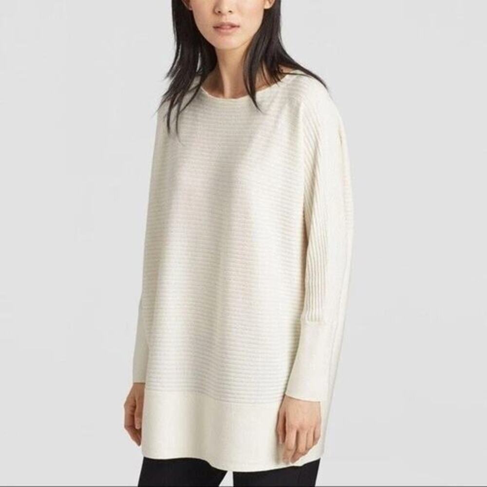 Eileen Fisher Cream Wool Tunic Sweater Oversized Ribbed Boat Neck Quiet Luxury